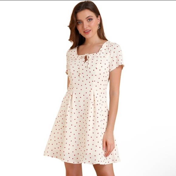NWT Allegra K Dainty Heart Pattern Square Neck Short Sleeve Fit & Flare Dress - Picture 1 of 10